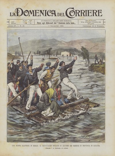 Une nouvelle inondation en Sicile, le sauvetage opéré sur des radeaux par des marins dans la province de Catane - Achille Beltrame